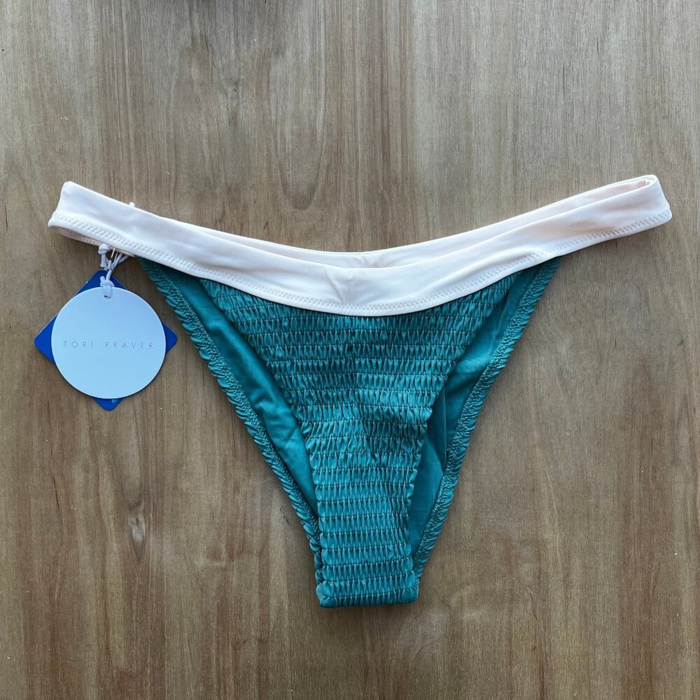 TORI PRAVER DYLAN CHEEKY Women’s Green Ruched Lined Bikini Bottoms sz M NWT